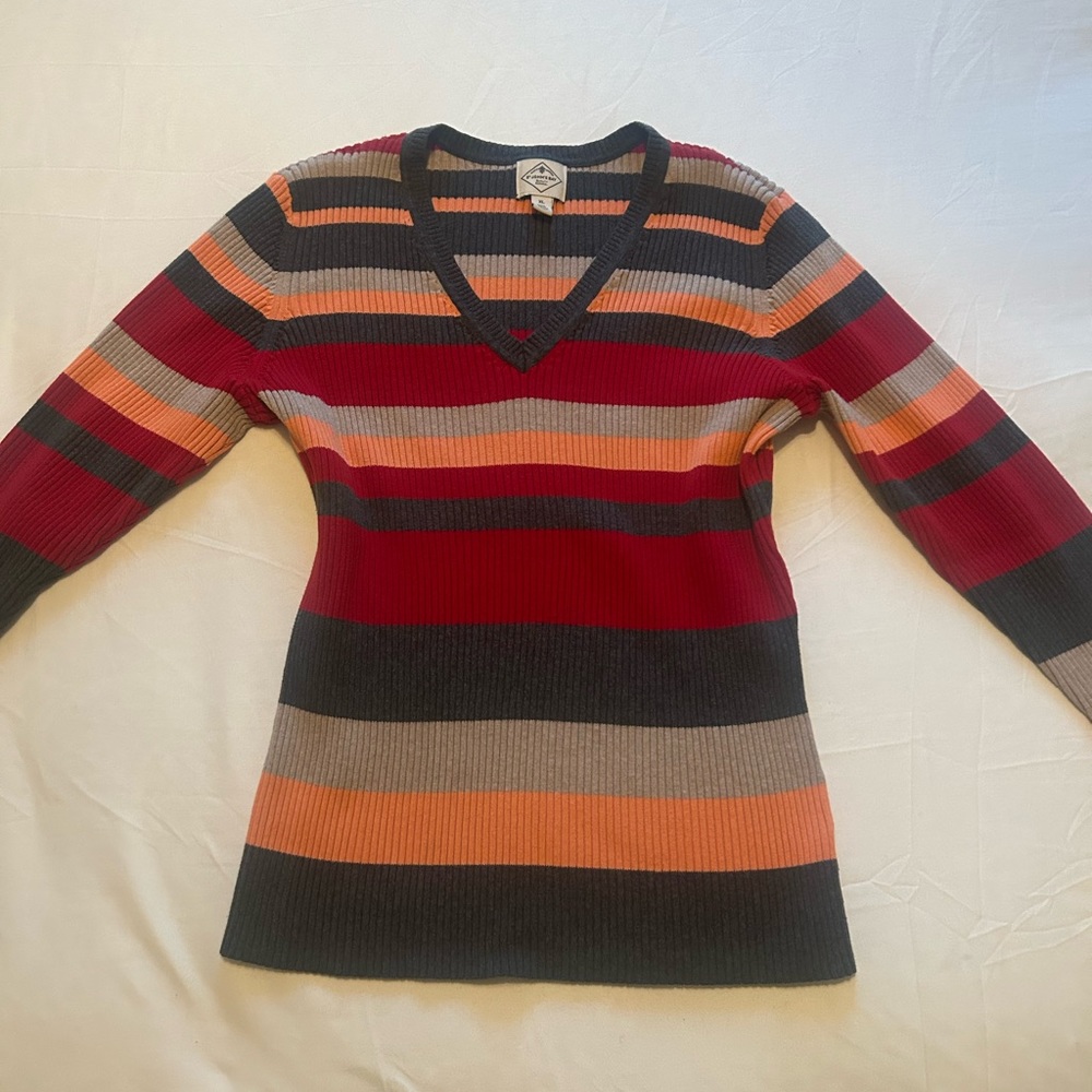 Striped V-Neck Sweater - Red, Orange, Brown